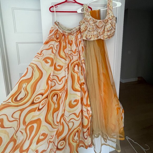 White & Orange Lehenga with Ombré Dupatta – Size Small - Picture 3 of 6